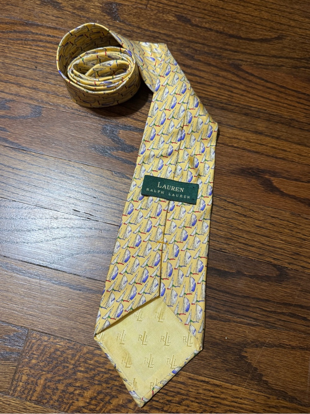 Lauren Ralph Lauren Yellow Sailboat Pattern Silk Tie with Blue & Red Accents